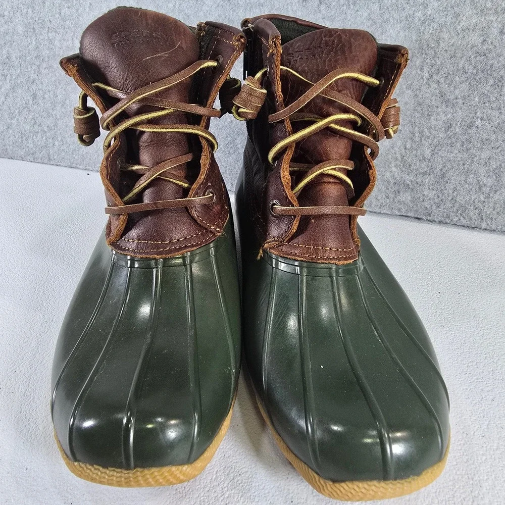 Sperry Saltwater Duck Boots Womens 6.5 Green Brown Leather Waterproof STS90998